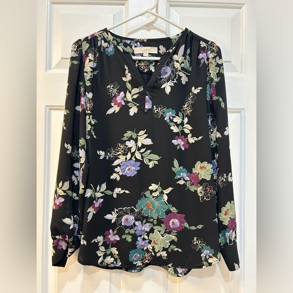 Loft V-Neck Floral Popover Blouse Slight Peasant Sleeve Size XS Oversized - Picture 1 of 8